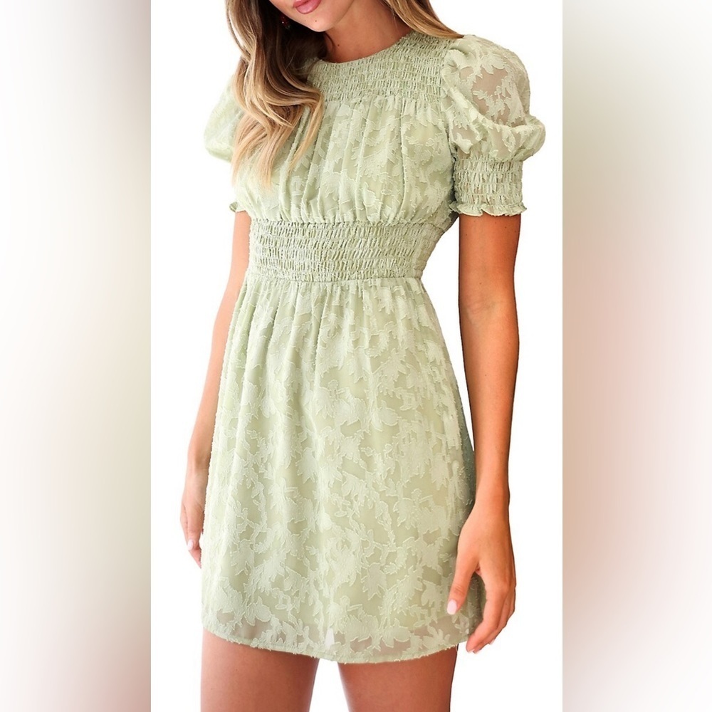 Adelyn Rae Chiffon Smocked Mini Dress puff Sleeve Babydoll Green Medium